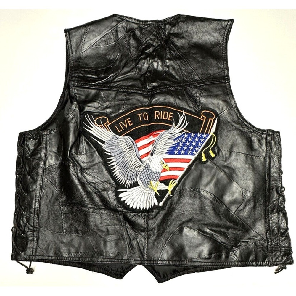 Diamond Plate Leather Vest Mens Size 2XL Luve To Ride Embroider Motorcycle Biker